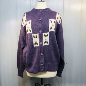Vtg Yessica Purple Wool Angora Acrylic Blend Flowers Cardigan Med Grammacore